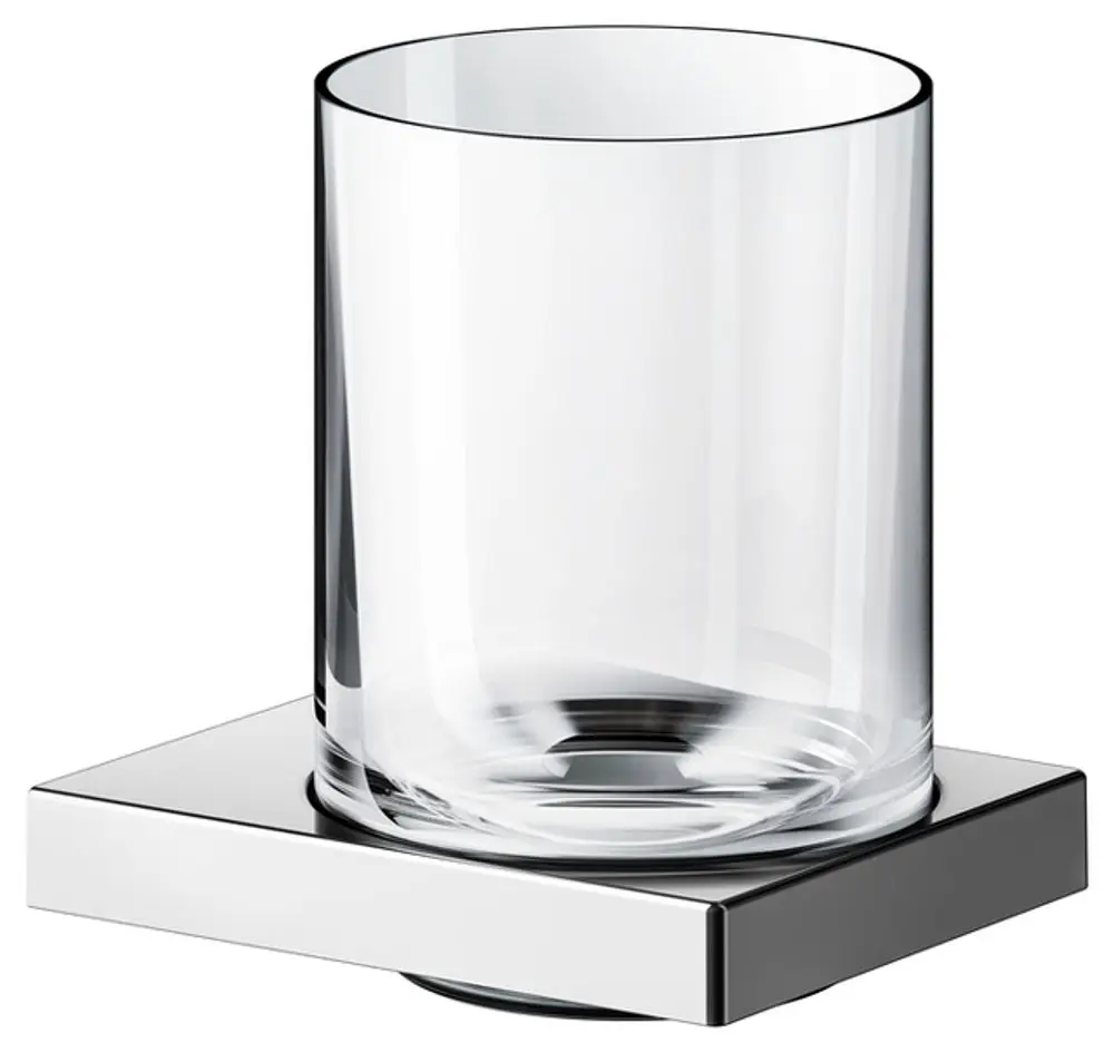 Glashalter von Keuco mit verchromtem Sockel und klarem Echtglas, rechteckig, auf einem quadratischen Metallfundament.
